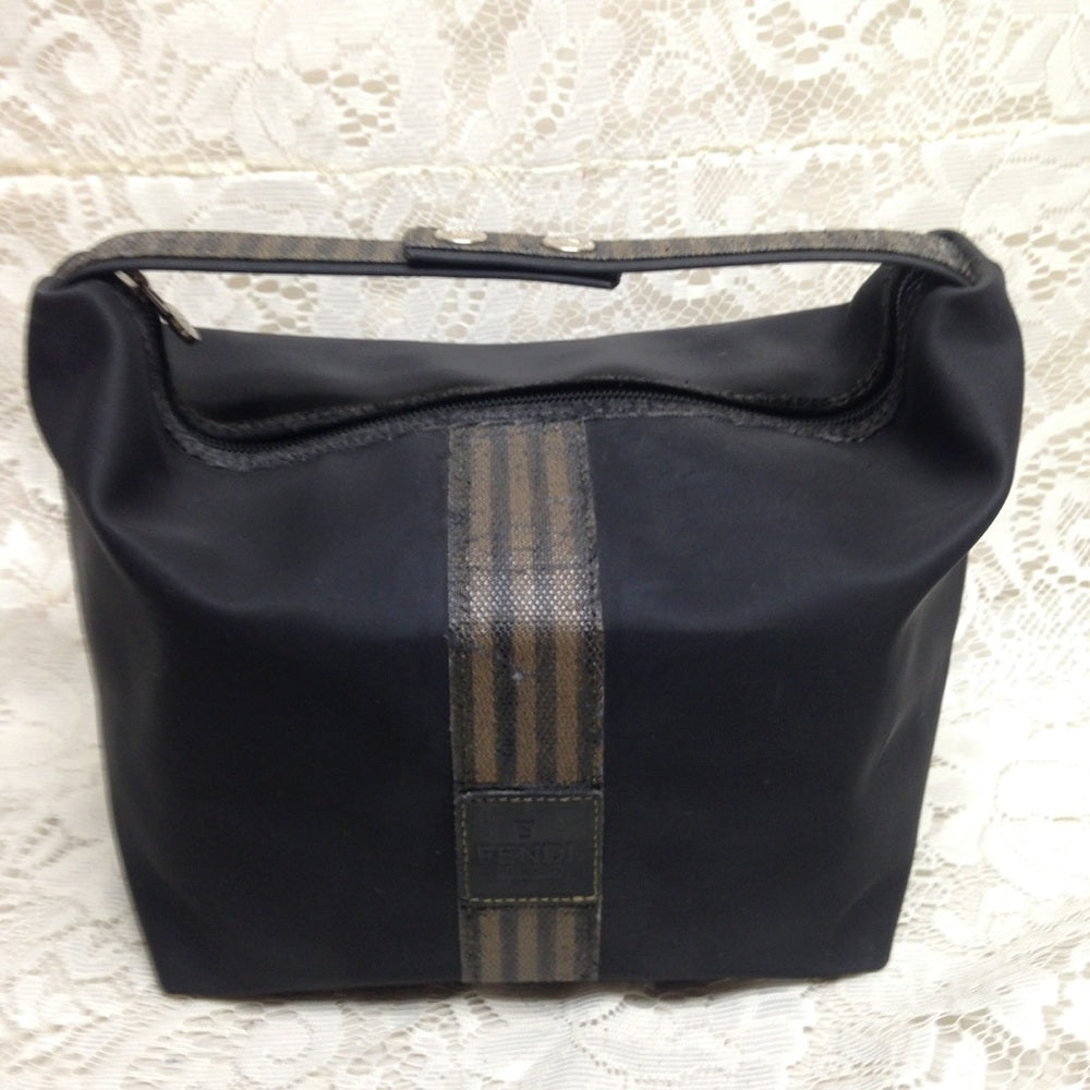 Fendi, Rare, Black Nylon Pequin Stripes Trim Pouch