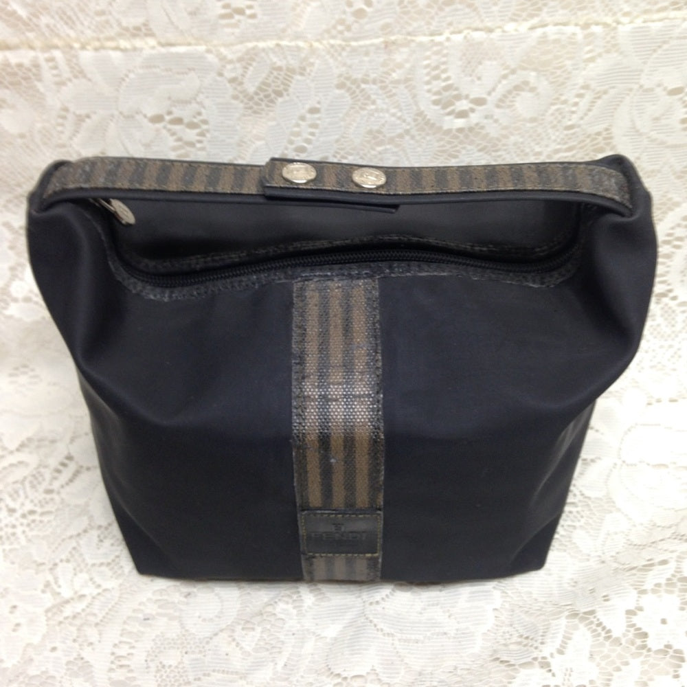 Fendi, Rare, Black Nylon Pequin Stripes Trim Pouch