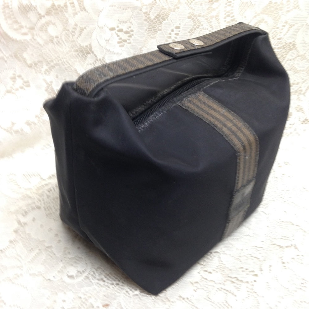 Fendi, Rare, Black Nylon Pequin Stripes Trim Pouch