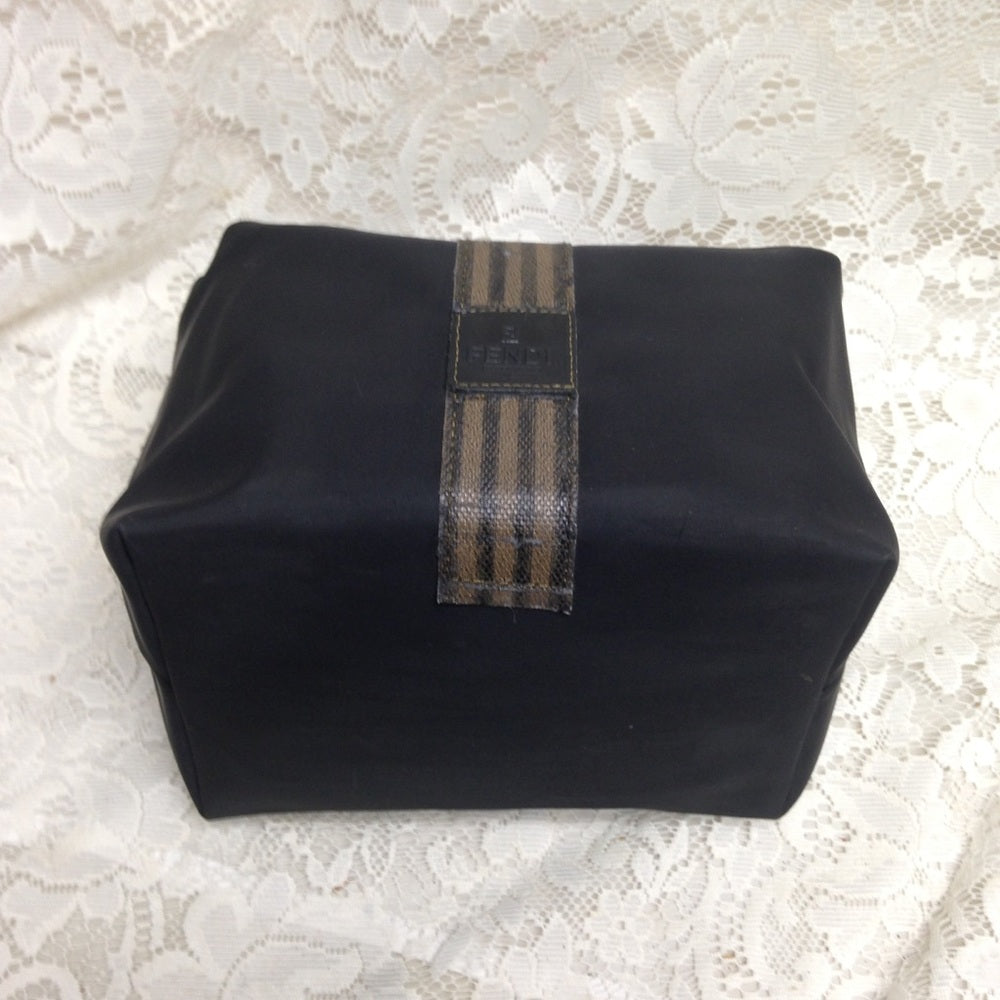 Fendi, Rare, Black Nylon Pequin Stripes Trim Pouch