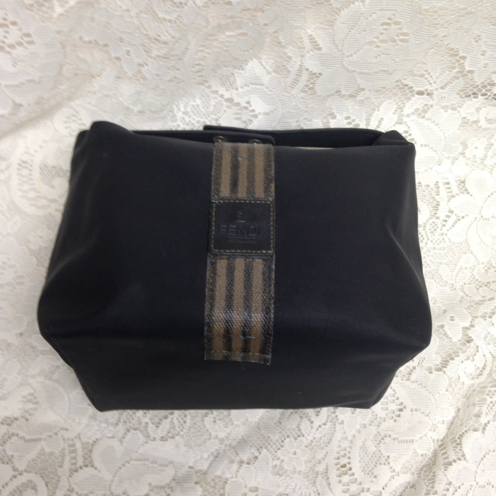 Fendi, Rare, Black Nylon Pequin Stripes Trim Pouch