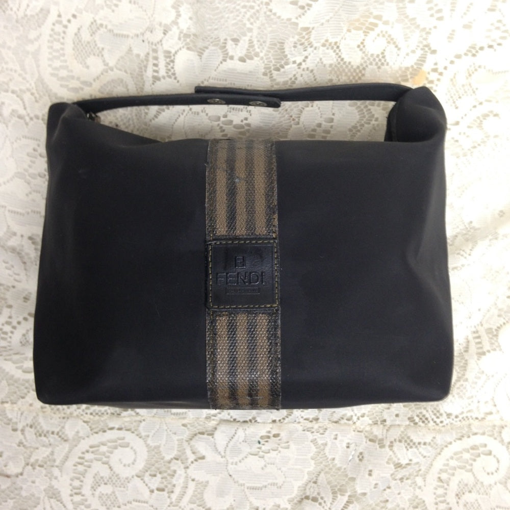 Fendi, Rare, Black Nylon Pequin Stripes Trim Pouch