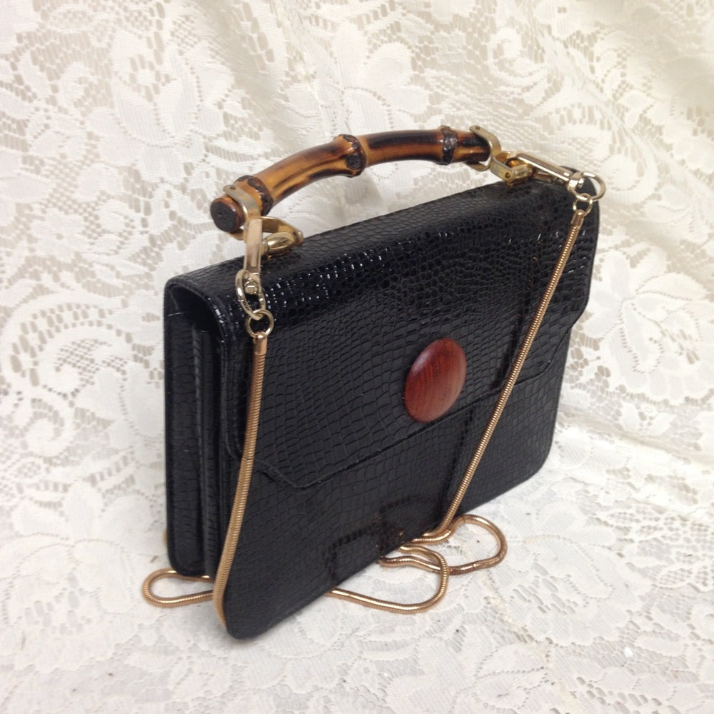 Elegant Embossed Black Croc Handbag-Crossbody