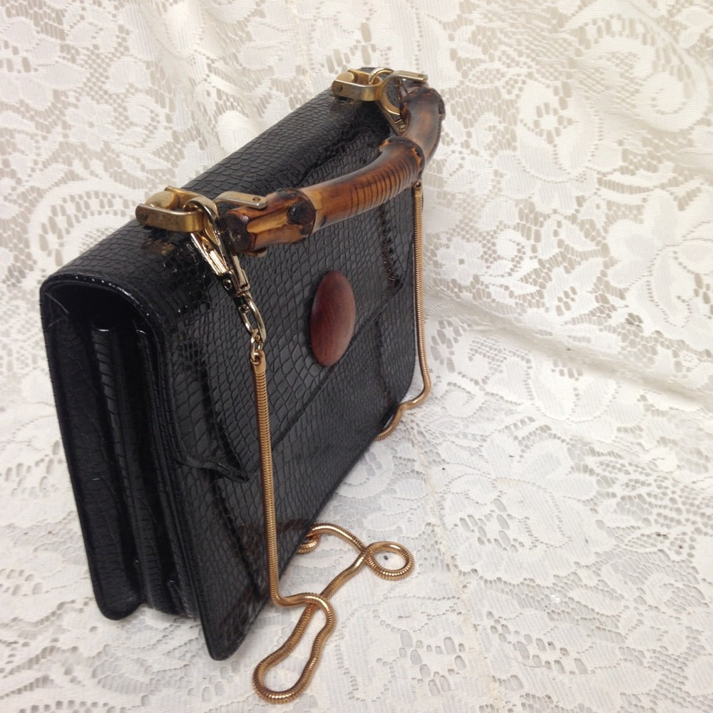 Elegant Embossed Black Croc Handbag-Crossbody