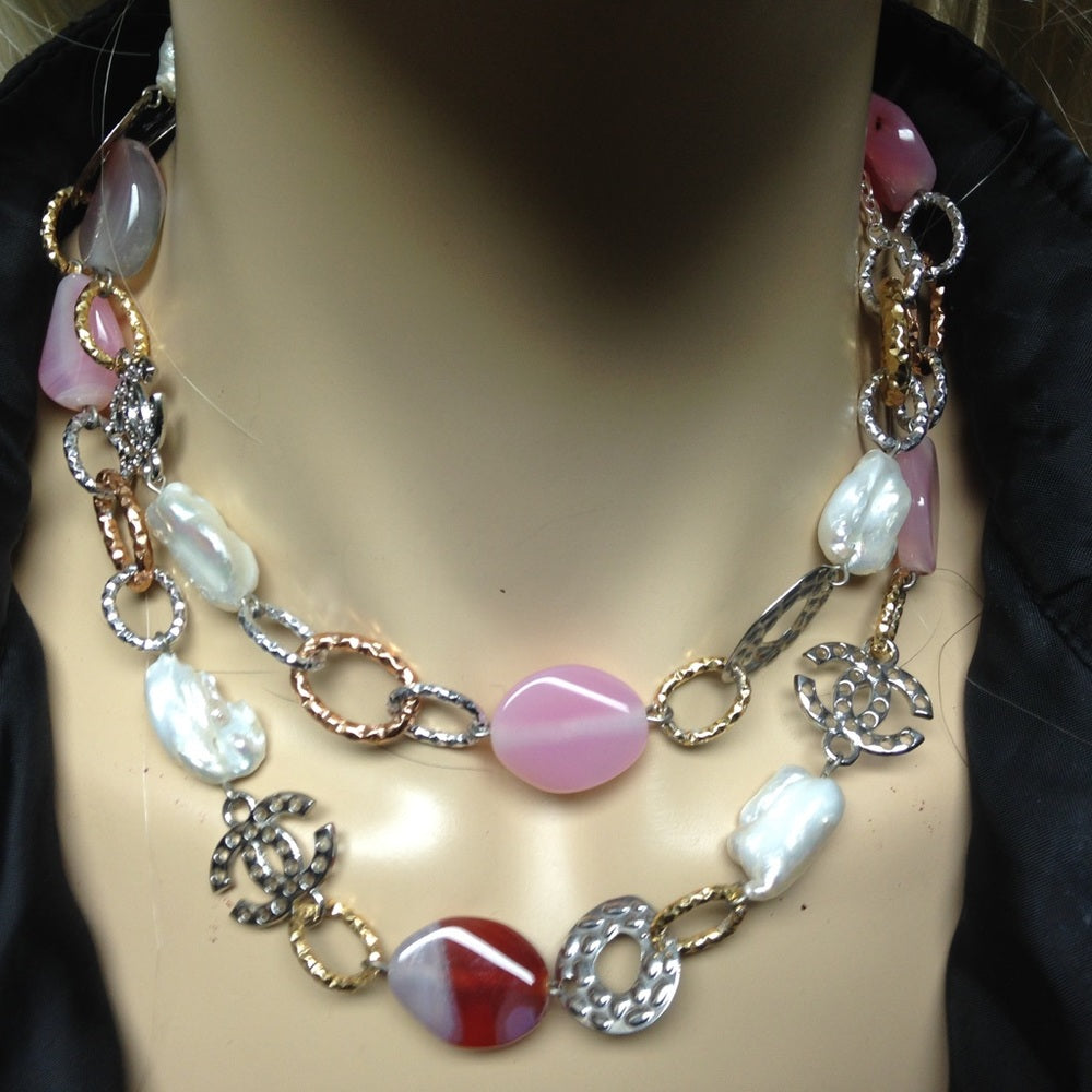 Elegant Genuine Baroque Pearl- Pink Agate Necklace