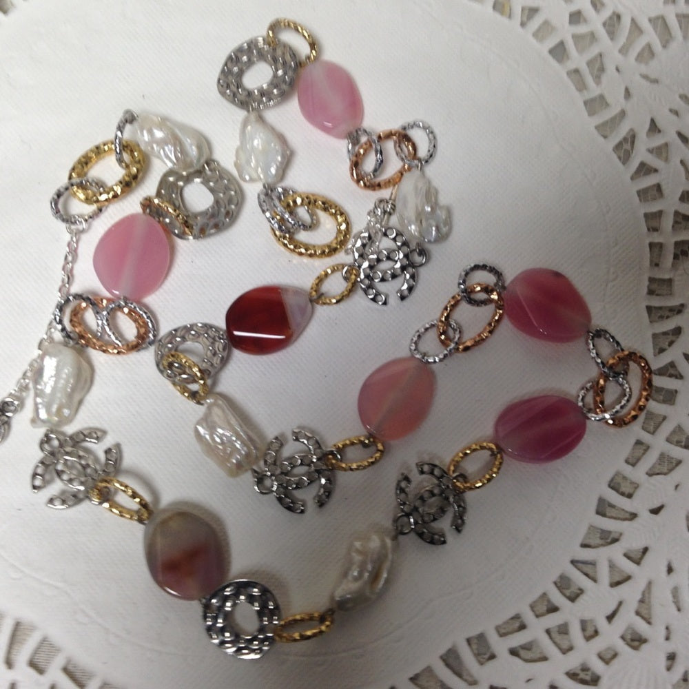 Elegant Genuine Baroque Pearl- Pink Agate Necklace