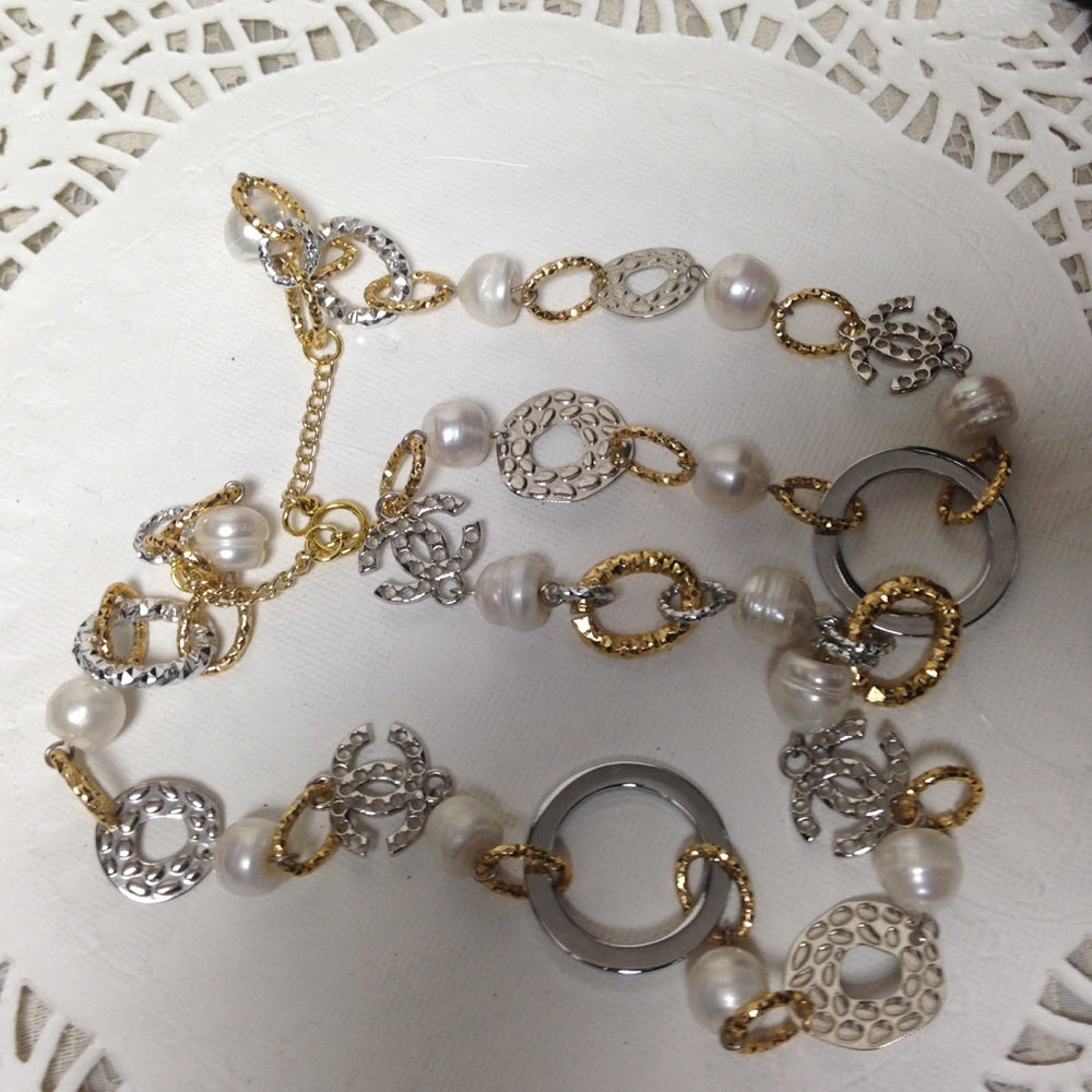 Elegant 33-inch Long Gold, Silver Pearl Necklace