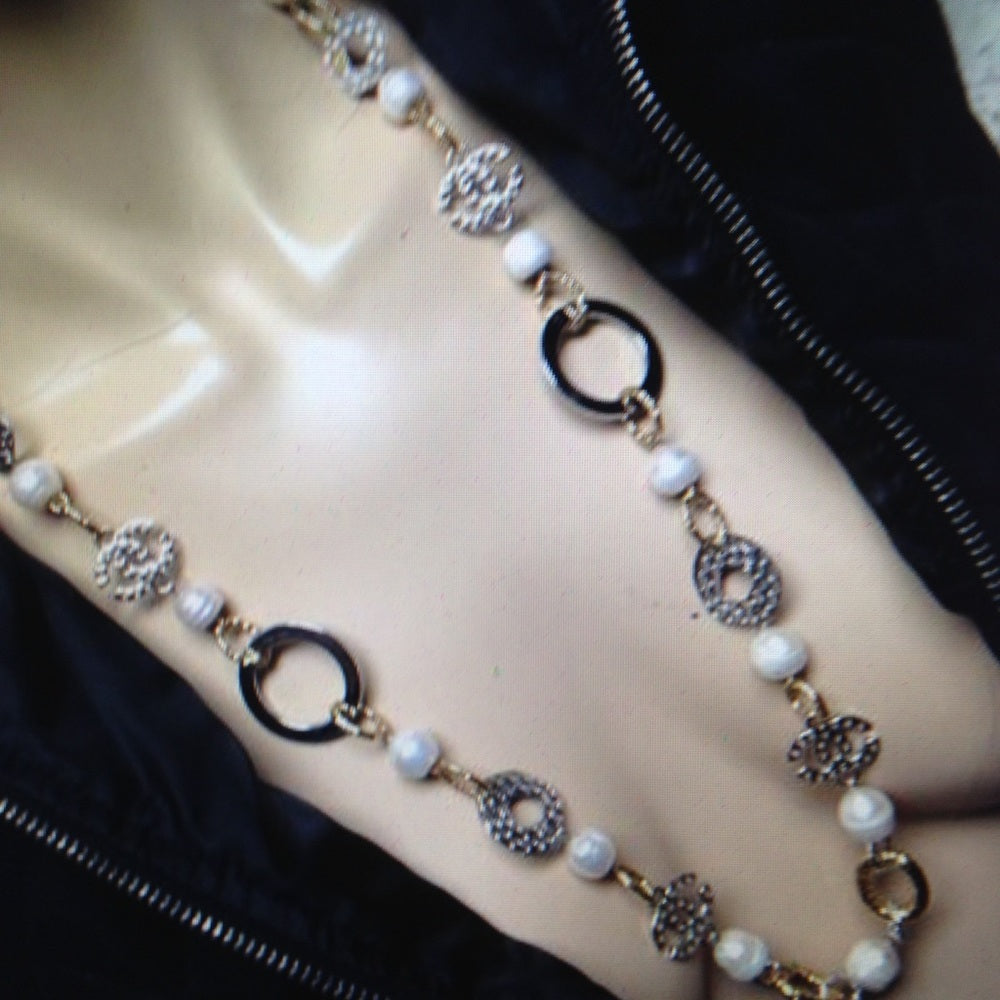 Elegant 33-inch Long Gold, Silver Pearl Necklace