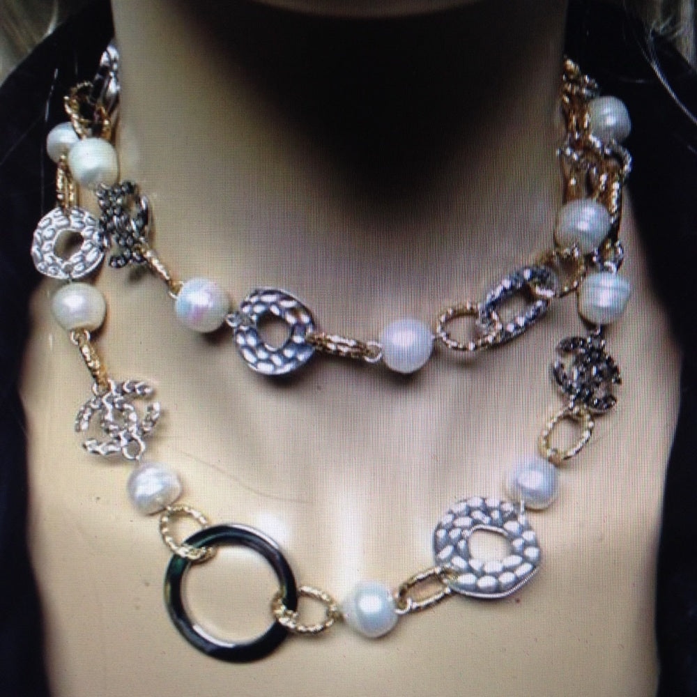 Elegant 33-inch Long Gold, Silver Pearl Necklace