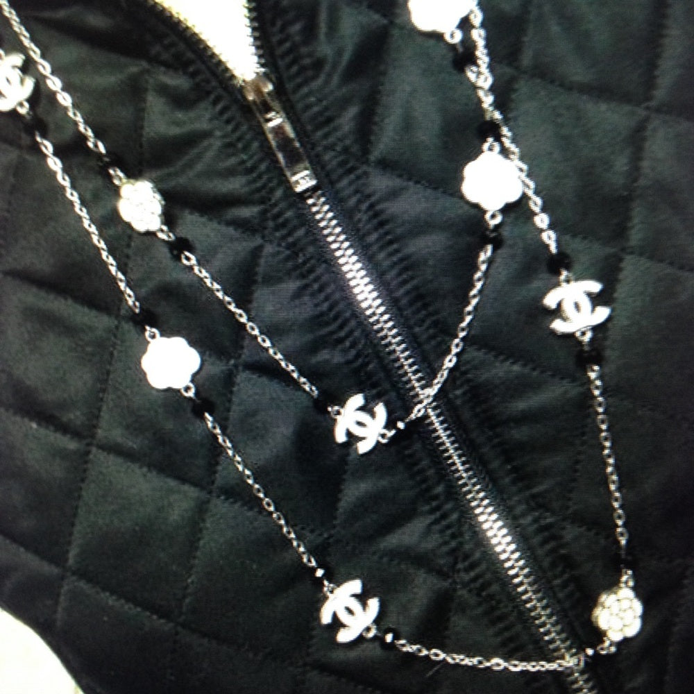 Elegant Black and White Camelia Enamel Necklace