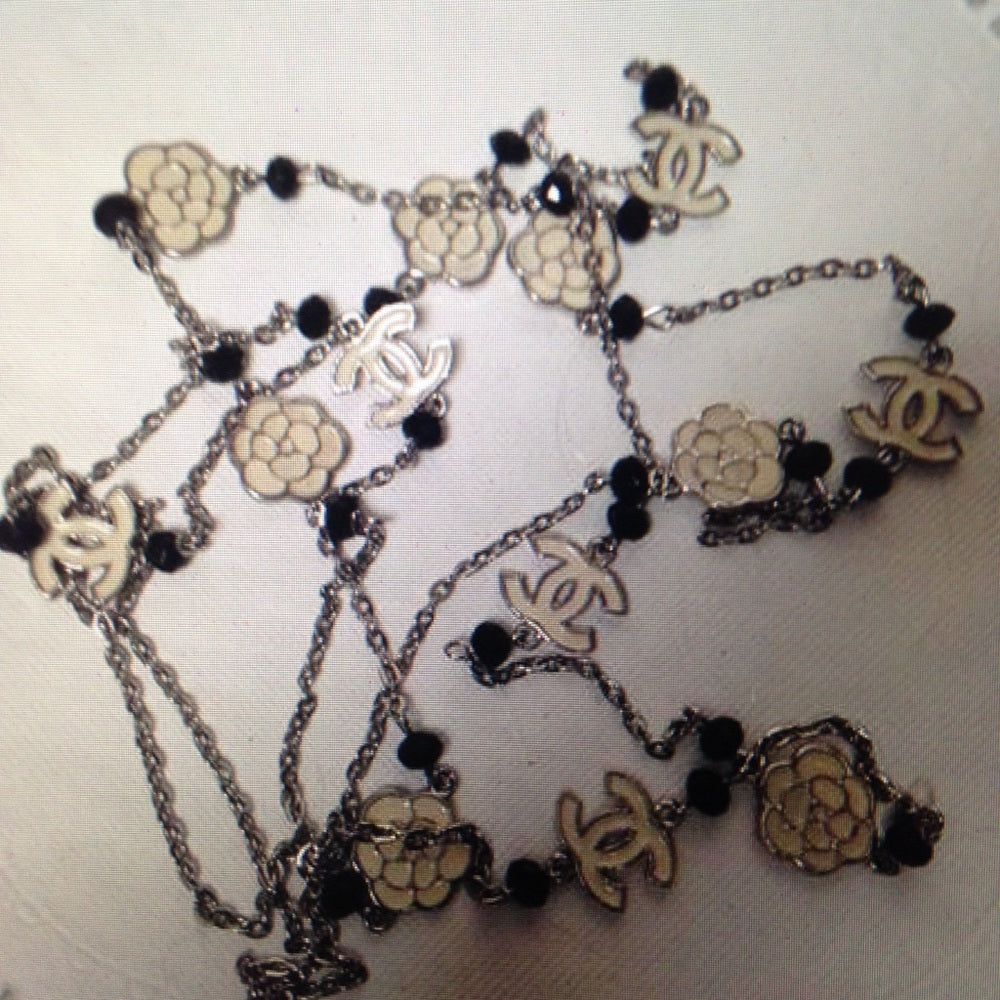 Elegant Black and White Camelia Enamel Necklace