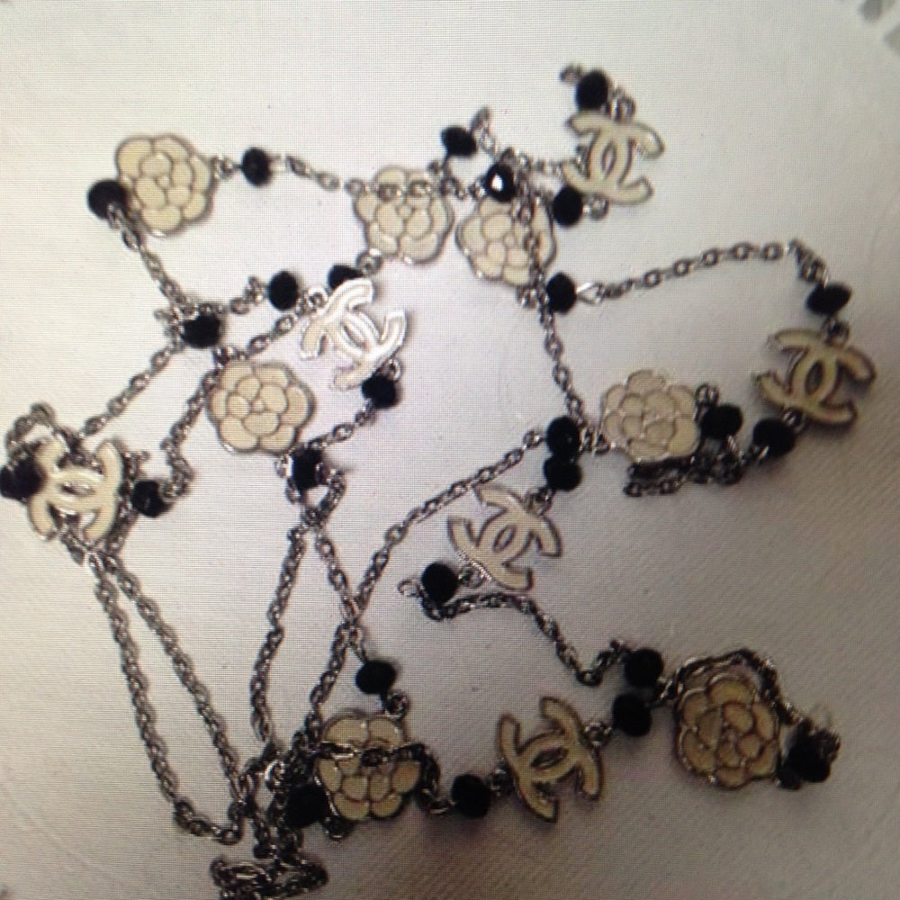 Elegant Black and White Camelia Enamel Necklace