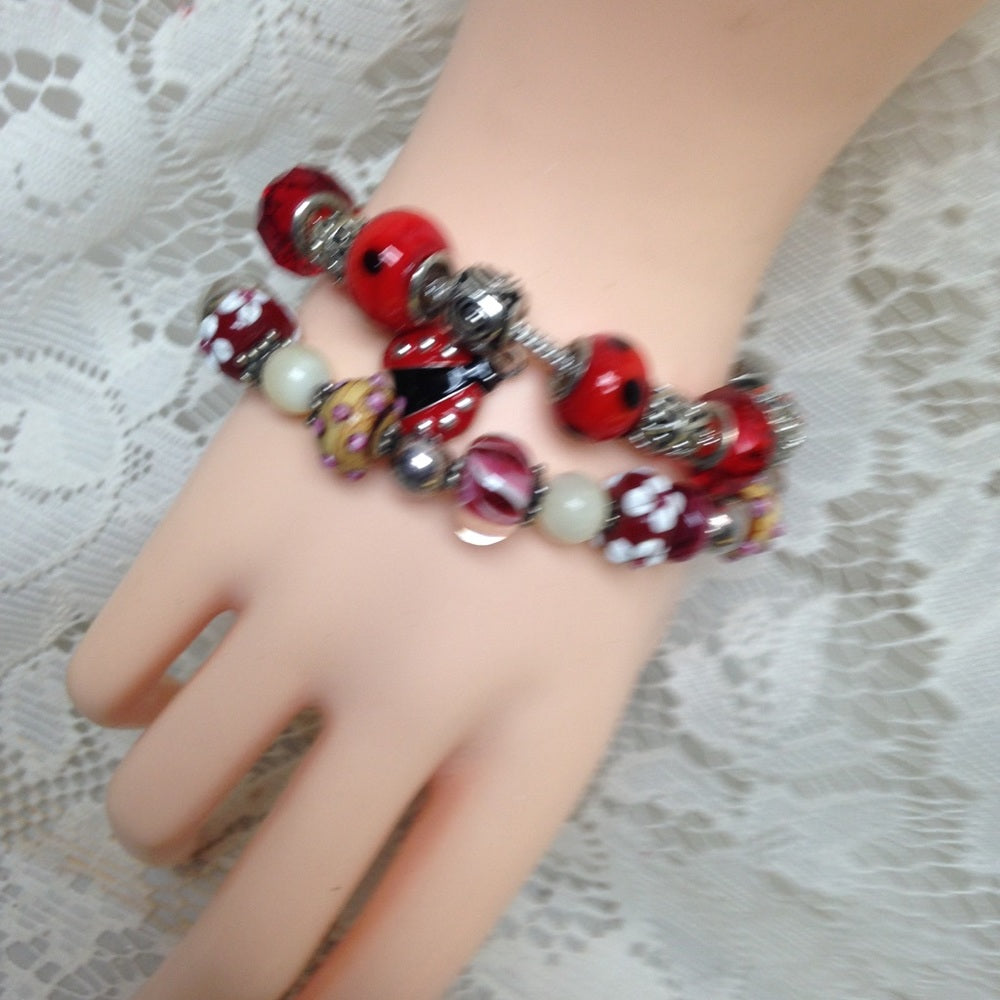 2 European Glass Beaded Silver Bracelet