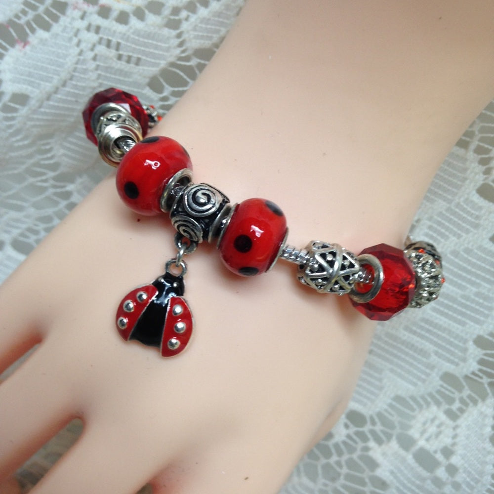2 European Glass Beaded Silver Bracelet