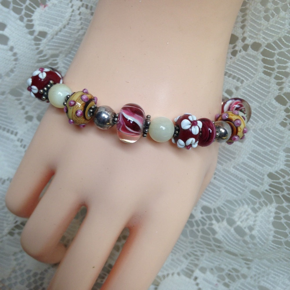 2 European Glass Beaded Silver Bracelet