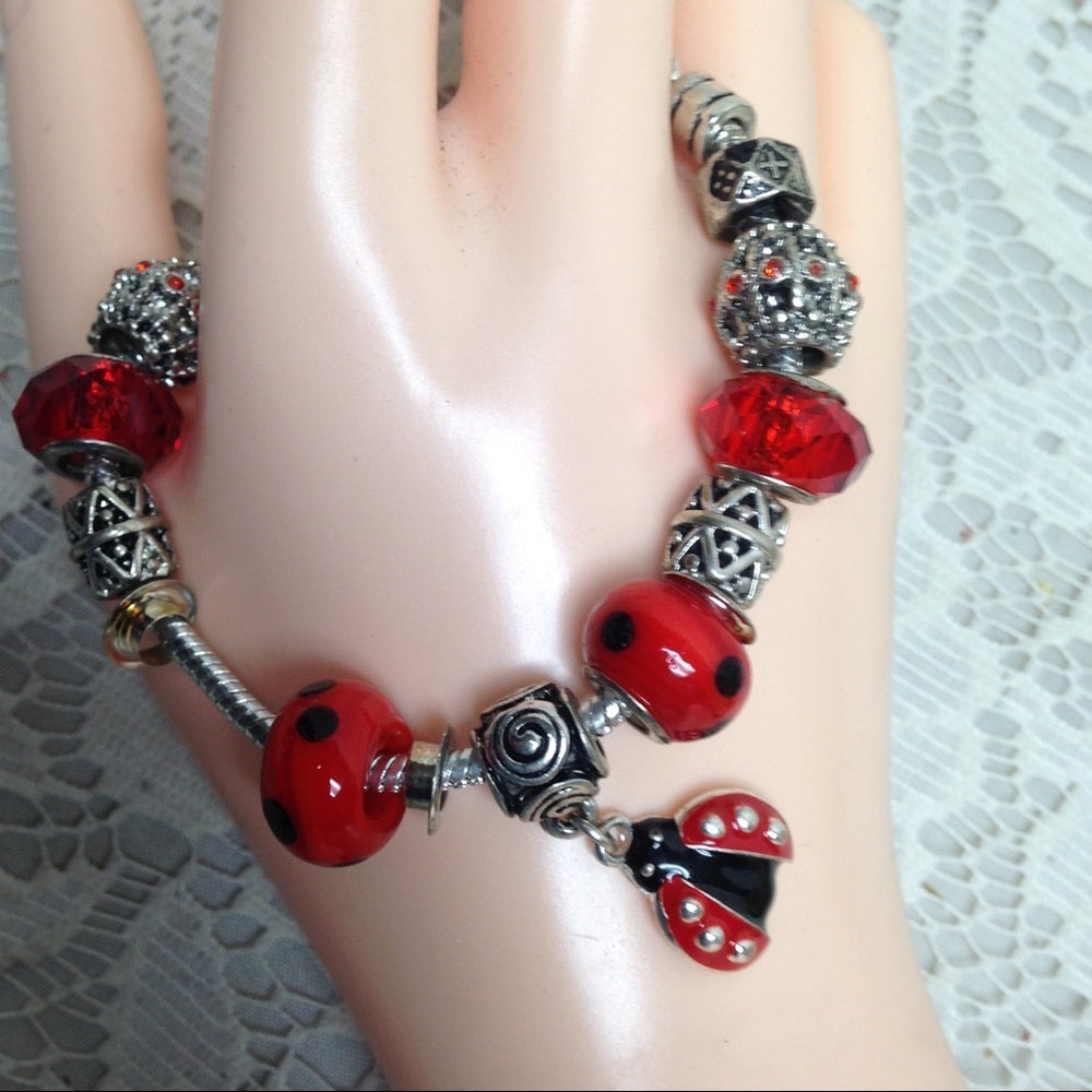 2 European Glass Beaded Silver Bracelet