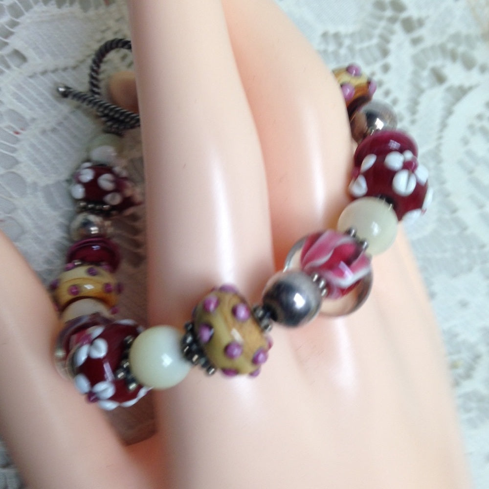 2 European Glass Beaded Silver Bracelet