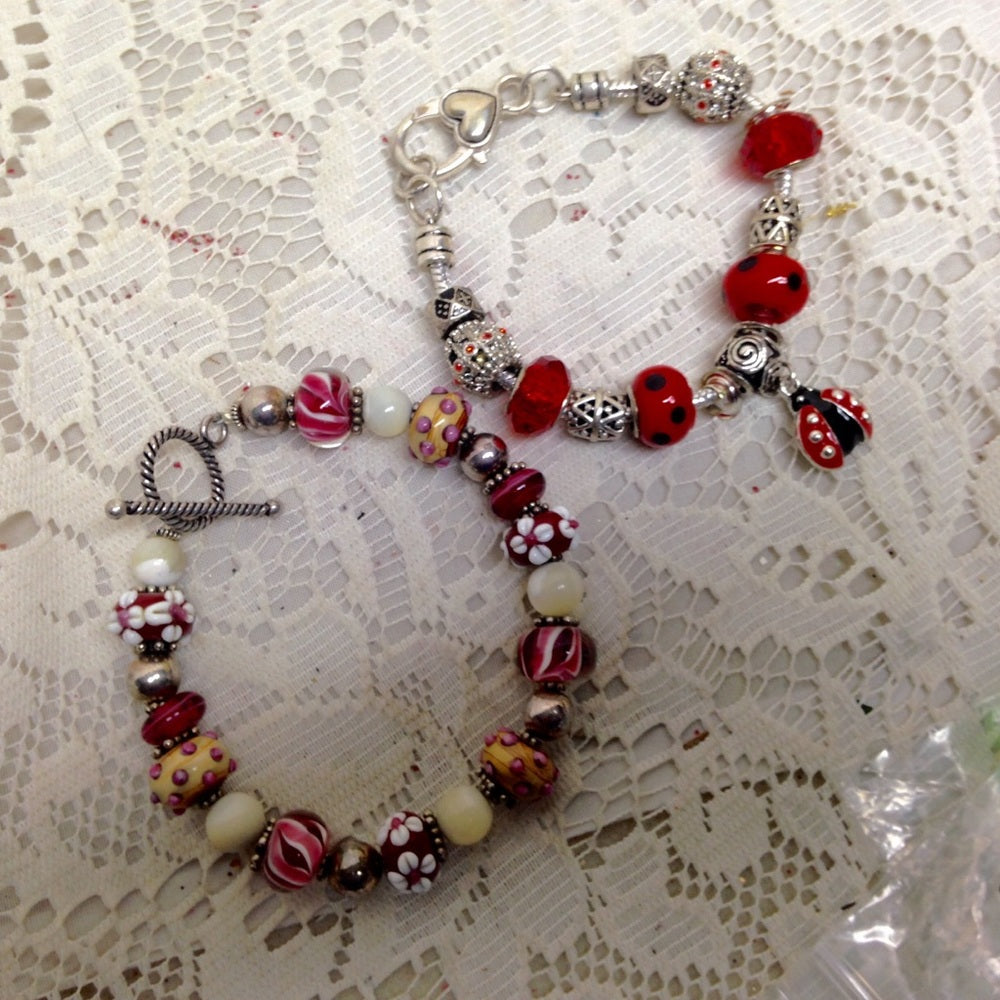 2 European Glass Beaded Silver Bracelet