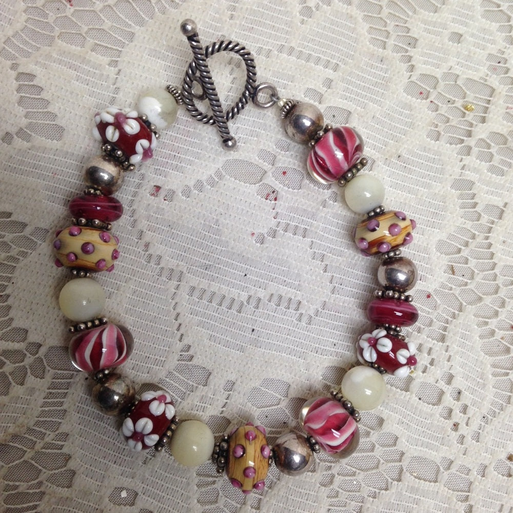 2 European Glass Beaded Silver Bracelet