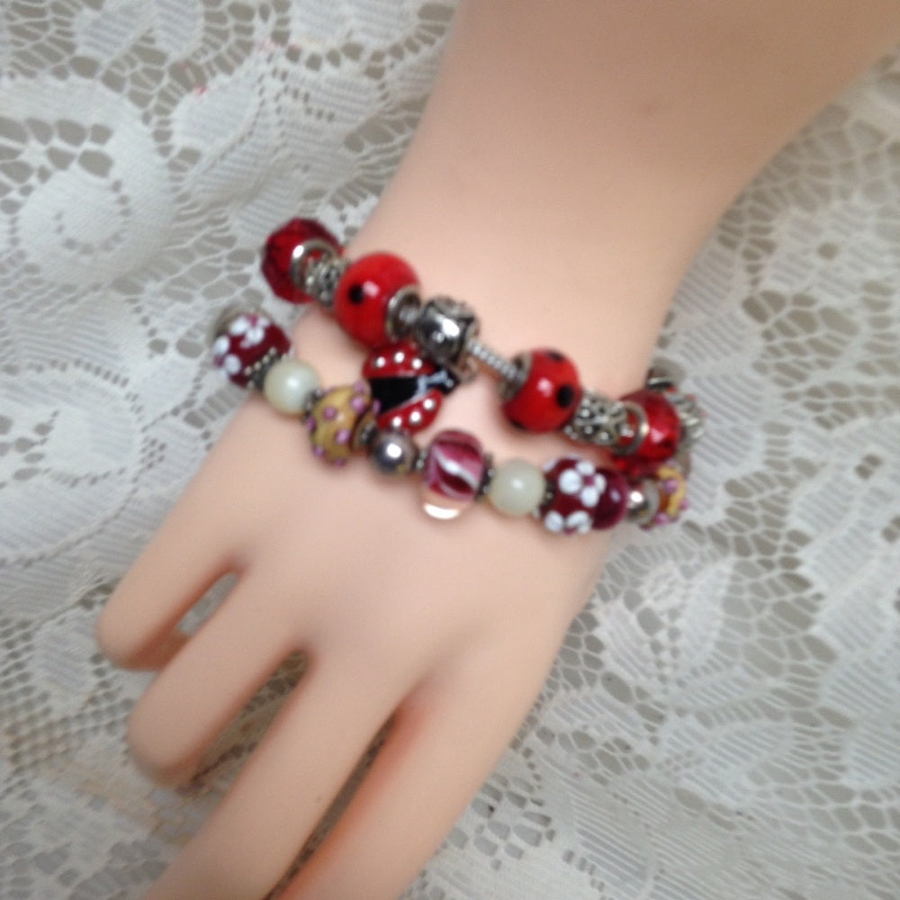 2 European Glass Beaded Silver Bracelet