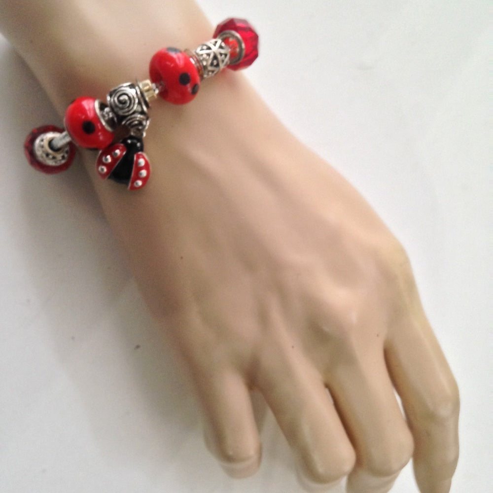 2 European Glass Beaded Silver Bracelet