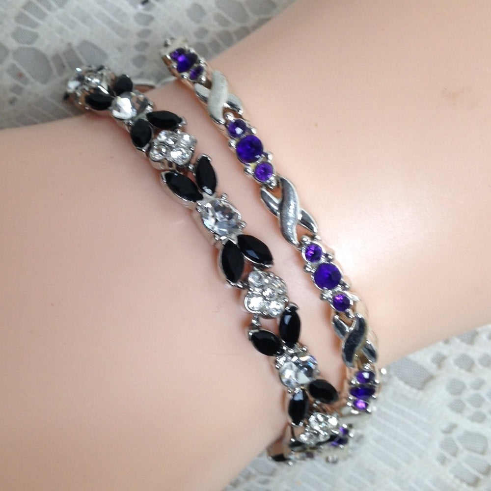 2pc Lot Black and Purple Rhinestone Bracelets