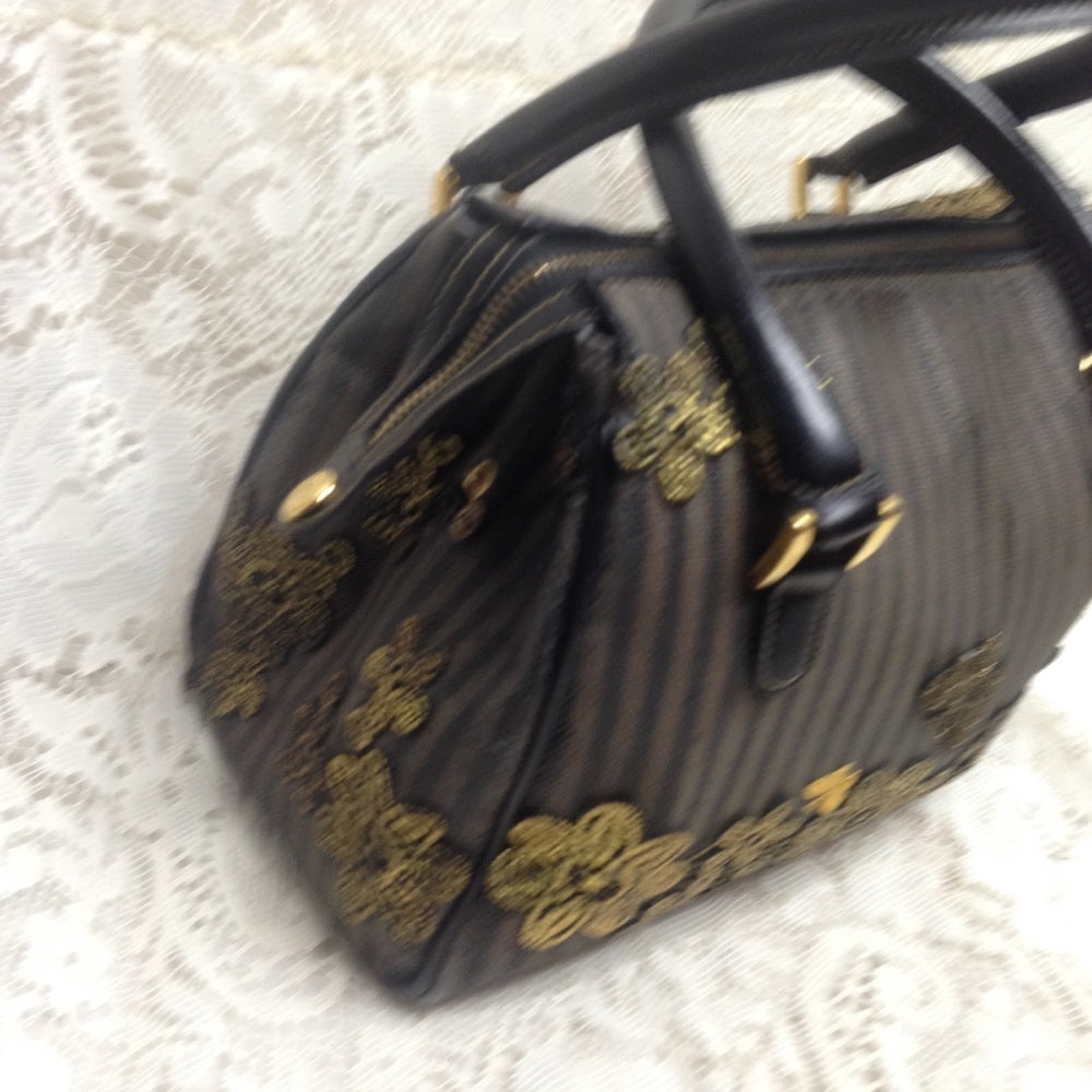 Authentic Black Pekin Strip Handbag-Crossbody