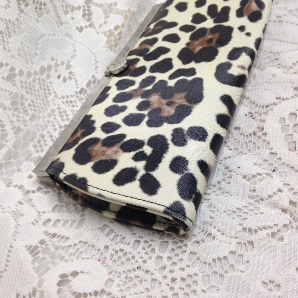 Faux Leopard Leather Kisslock Clutch 8.5in x 4in