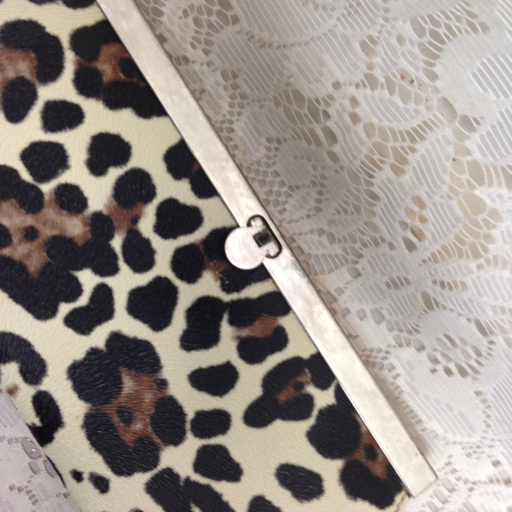 Faux Leopard Leather Kisslock Clutch 8.5in x 4in