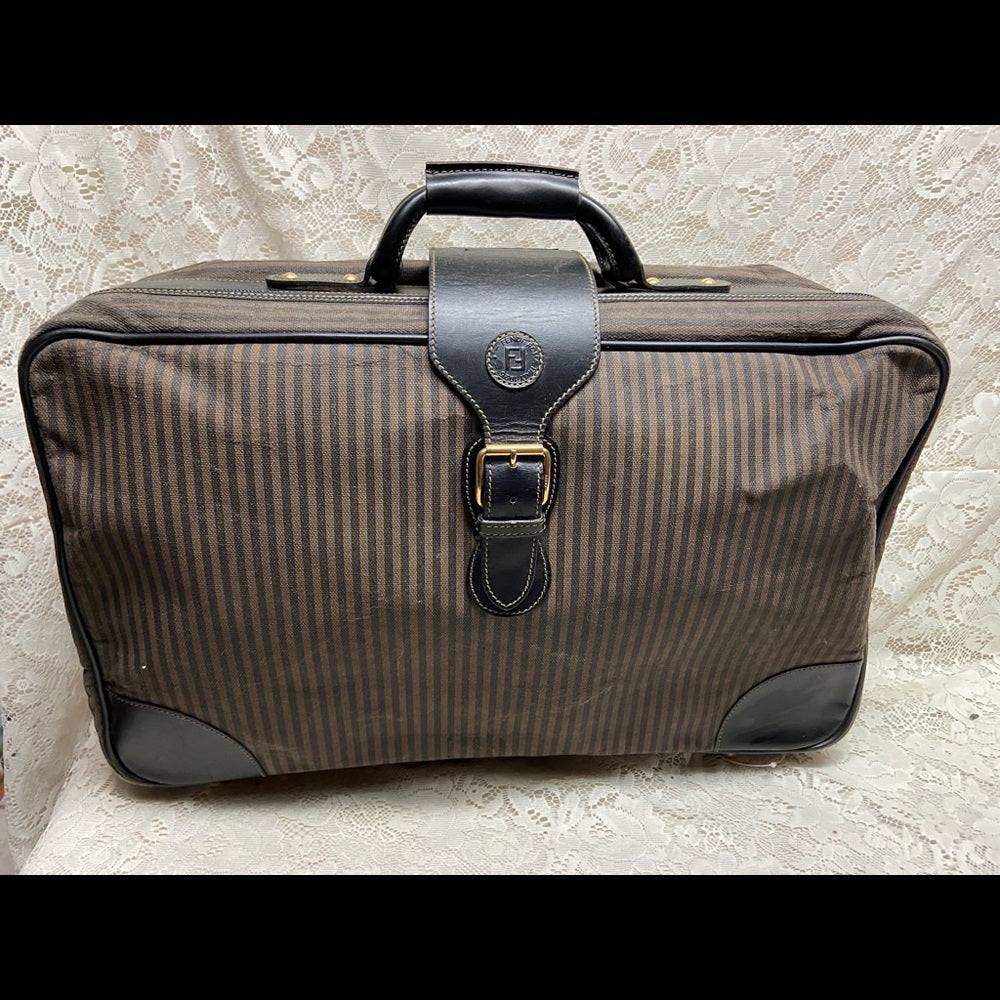 Vintage, Rare Fendi Pequin Stripes Coated Canvas Large Luggage 23inx14inx7in