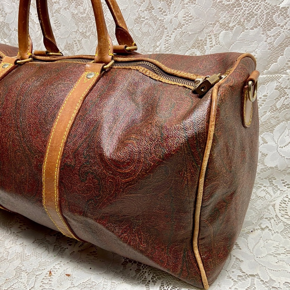 Vintage, Rare Etro Burgundy Coated Canvas Speedy 50 Travel Bag 20in x 10in x 10i