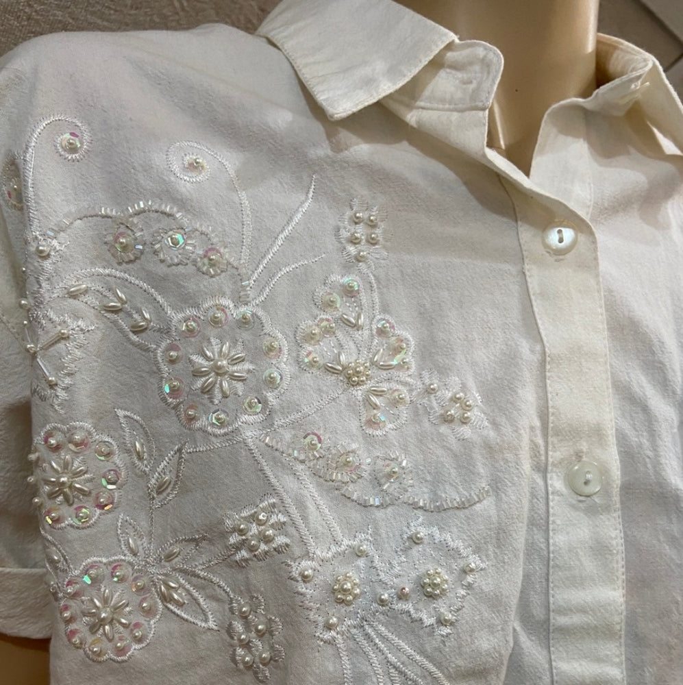 Premier International, White Beaded Blouse - Size L-XL