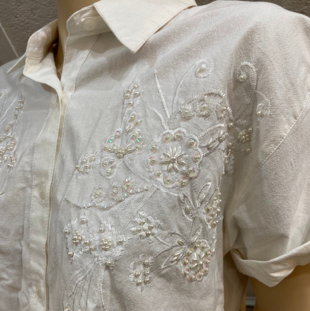 Premier International, White Beaded Blouse - Size L-XL