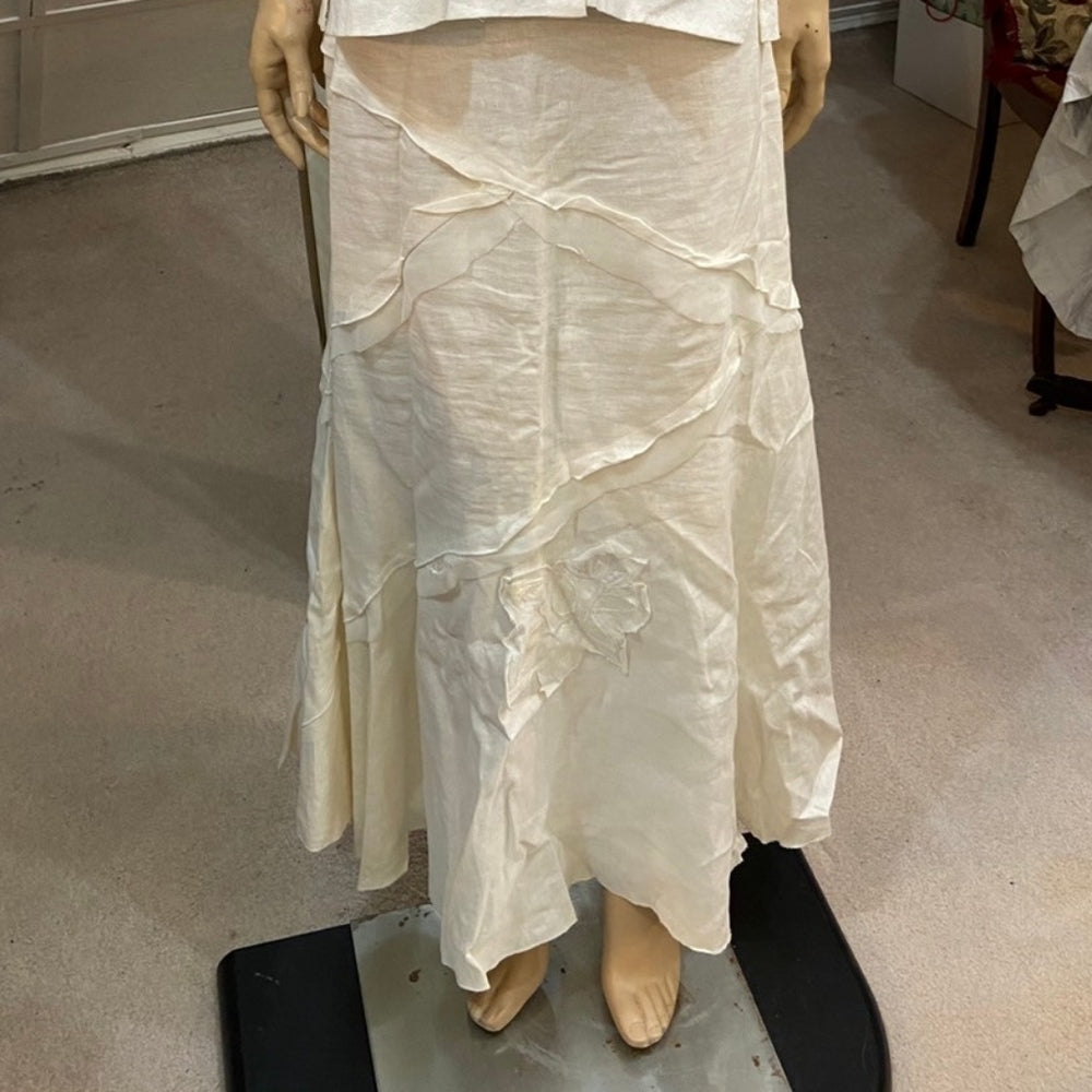 White Beaded Blouse and Linen Skirt Outfit Set