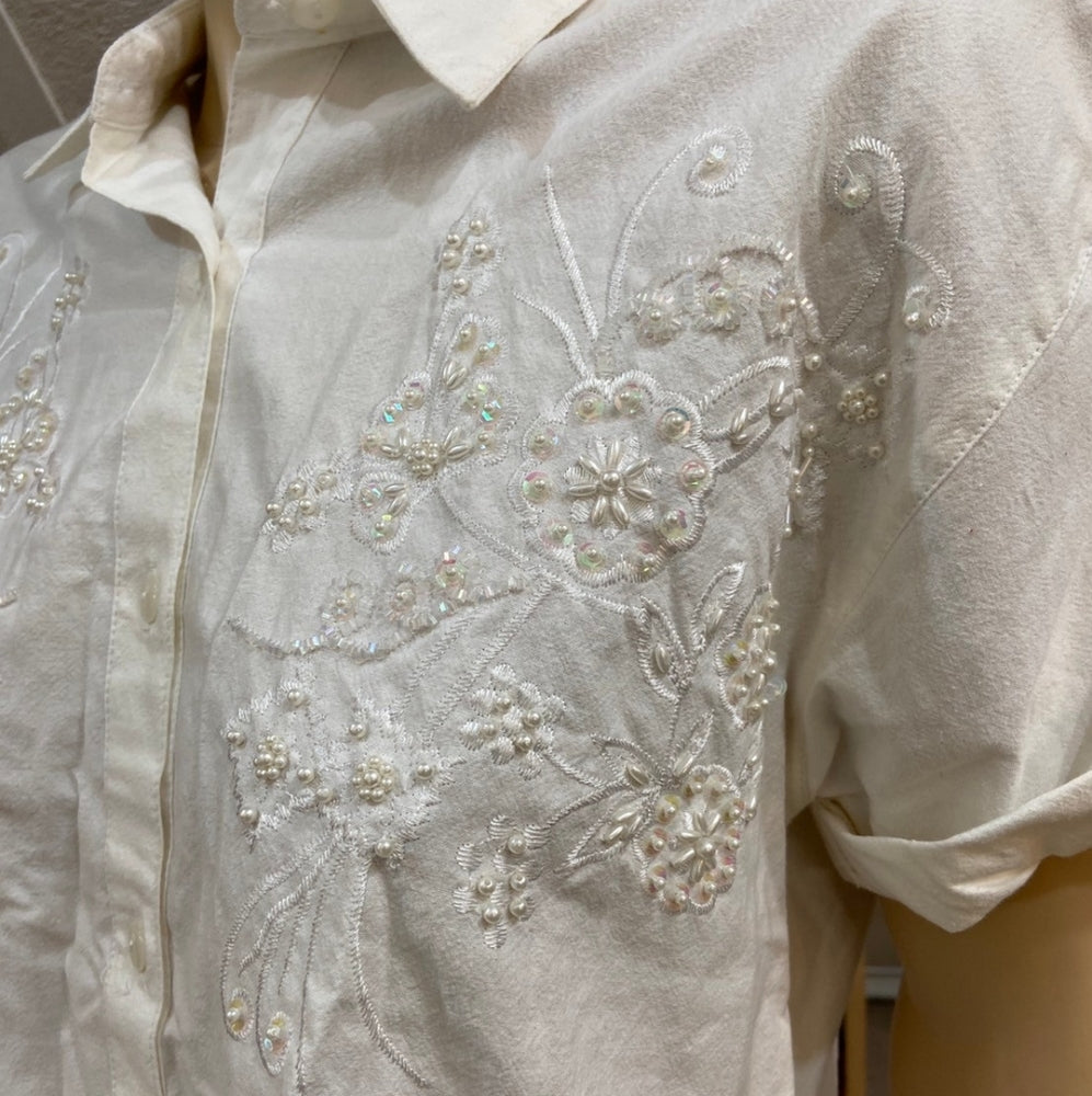White Beaded Blouse and Linen Skirt Outfit Set