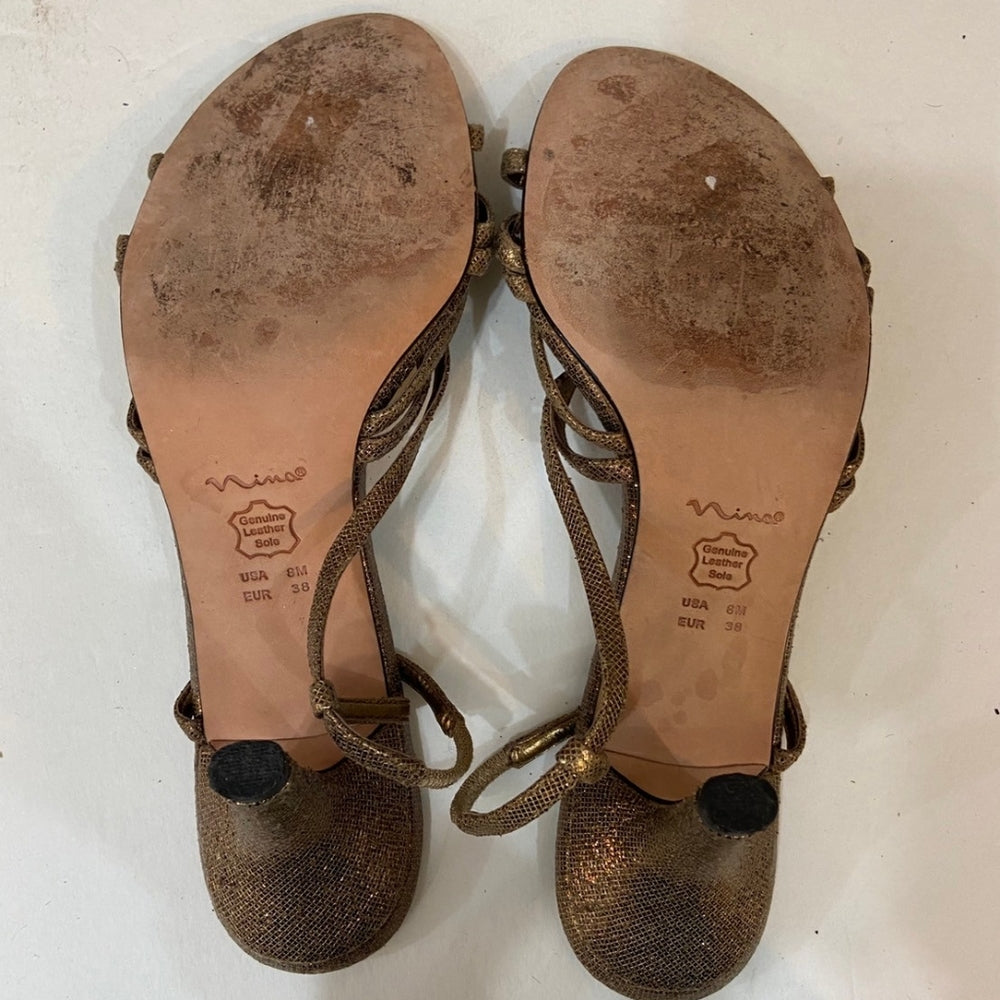 Nina, Gold Heels with Leather Sole - Size 8.5