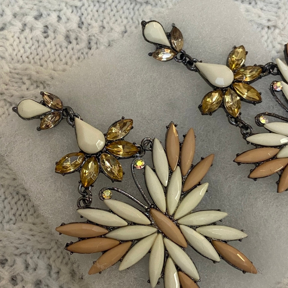 White and Beige Butterfly, Chandelier Dangling Pierced Earrings