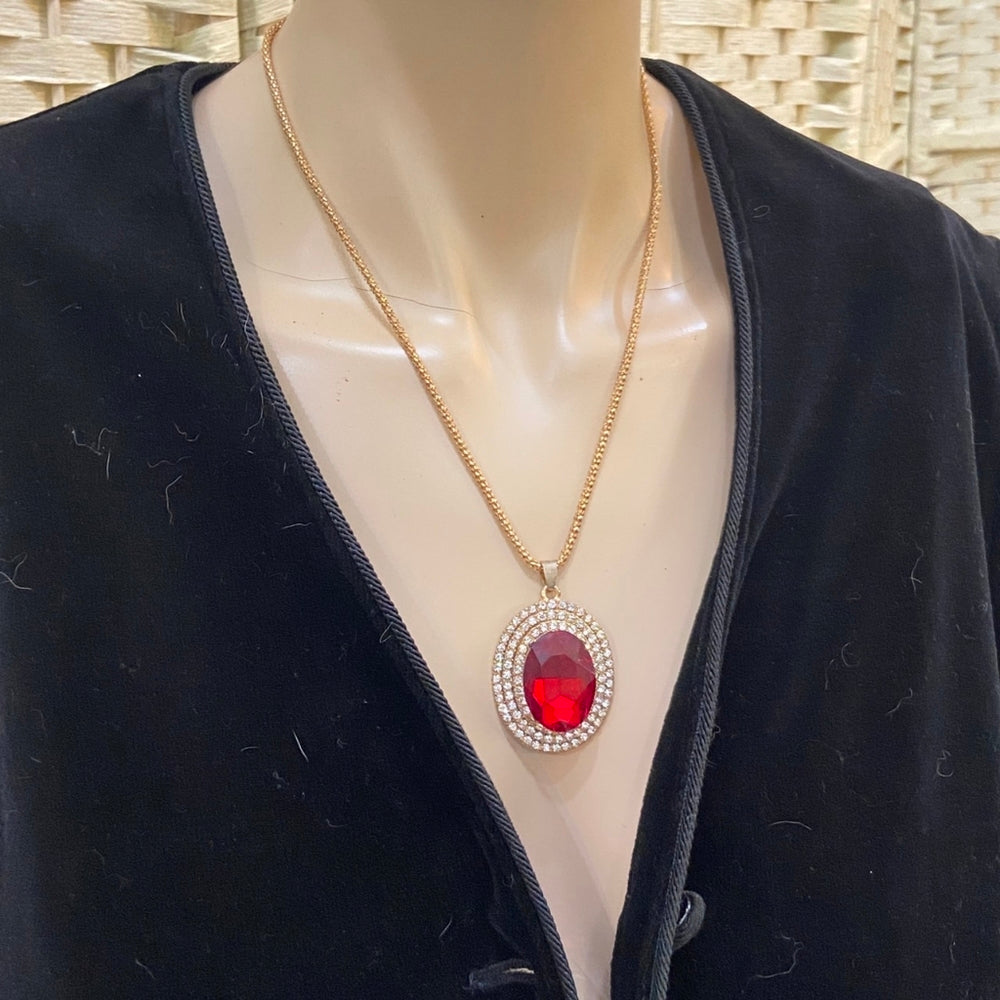 Faux Ruby and Rhinestone, Gold Tone, Necklace and Matching Earrings