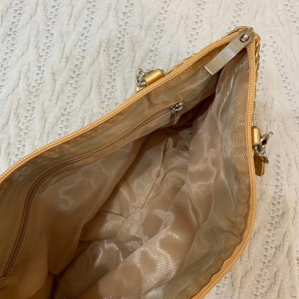 Gold Cut-Out Floral Hand Bag with Braided Handle