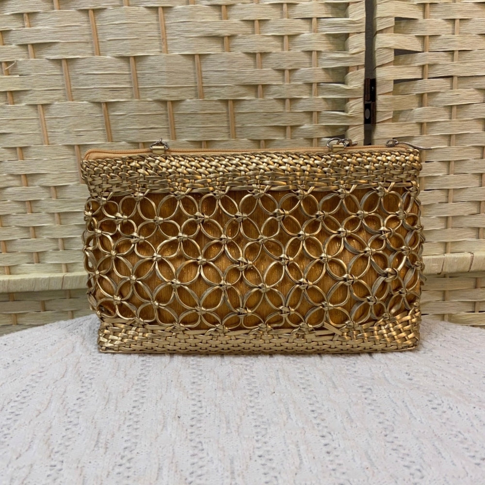 Gold Cut-Out Floral Hand Bag with Braided Handle