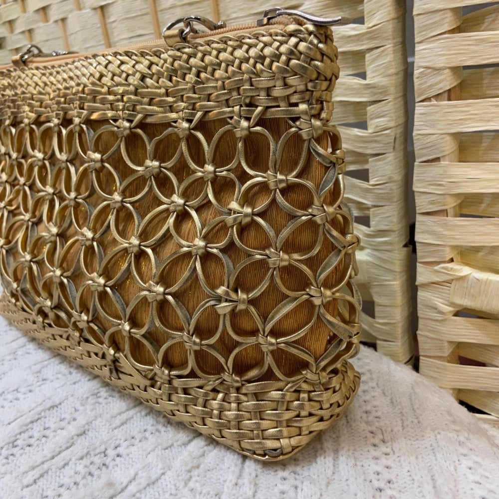 Gold Cut-Out Floral Hand Bag with Braided Handle