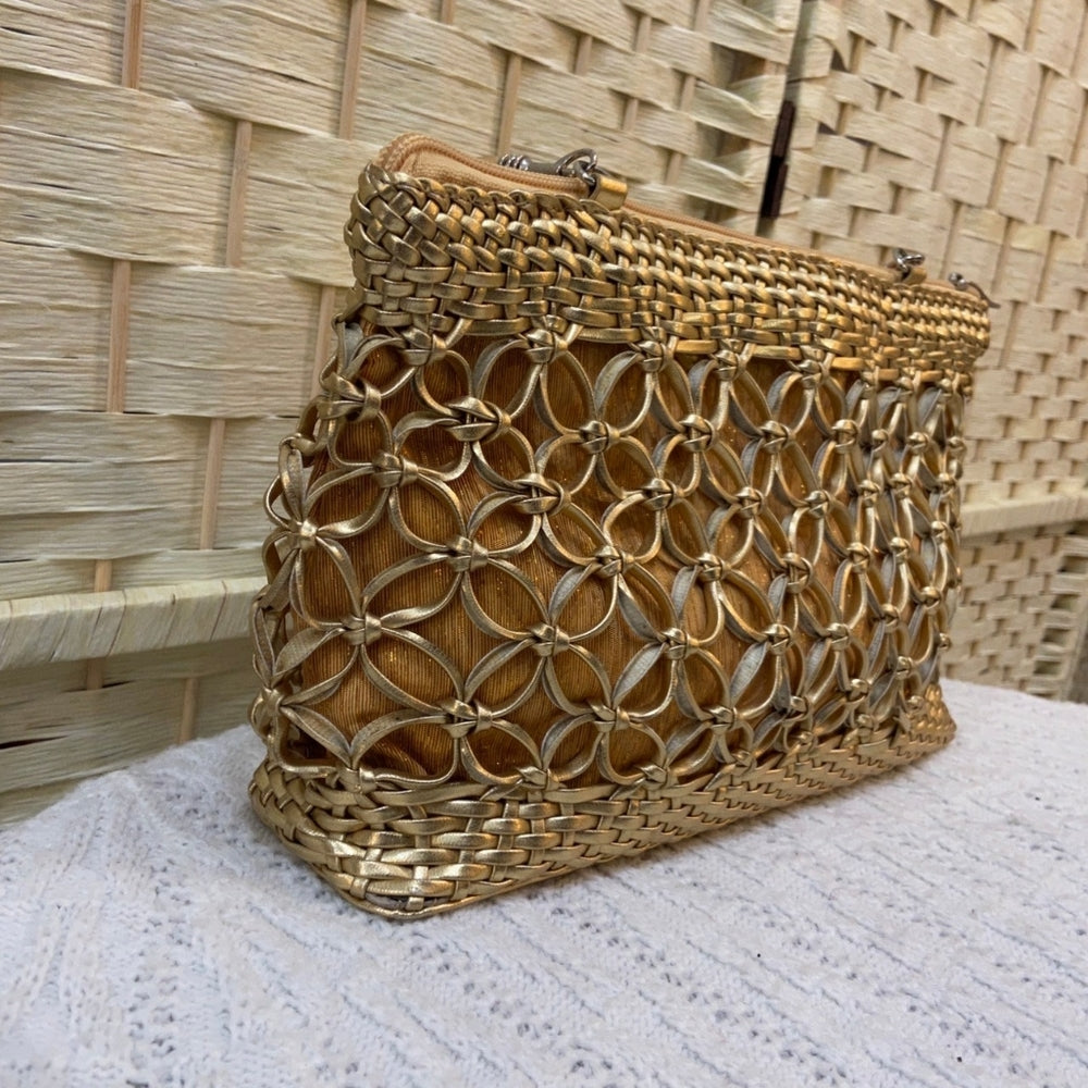 Gold Cut-Out Floral Hand Bag with Braided Handle