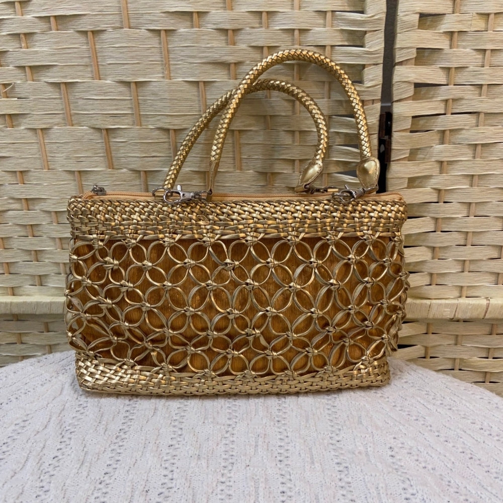Gold Cut-Out Floral Hand Bag with Braided Handle
