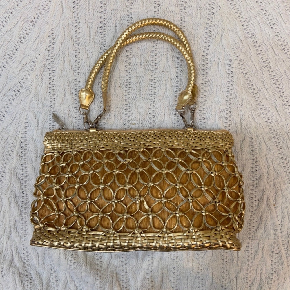 Gold Cut-Out Floral Hand Bag with Braided Handle