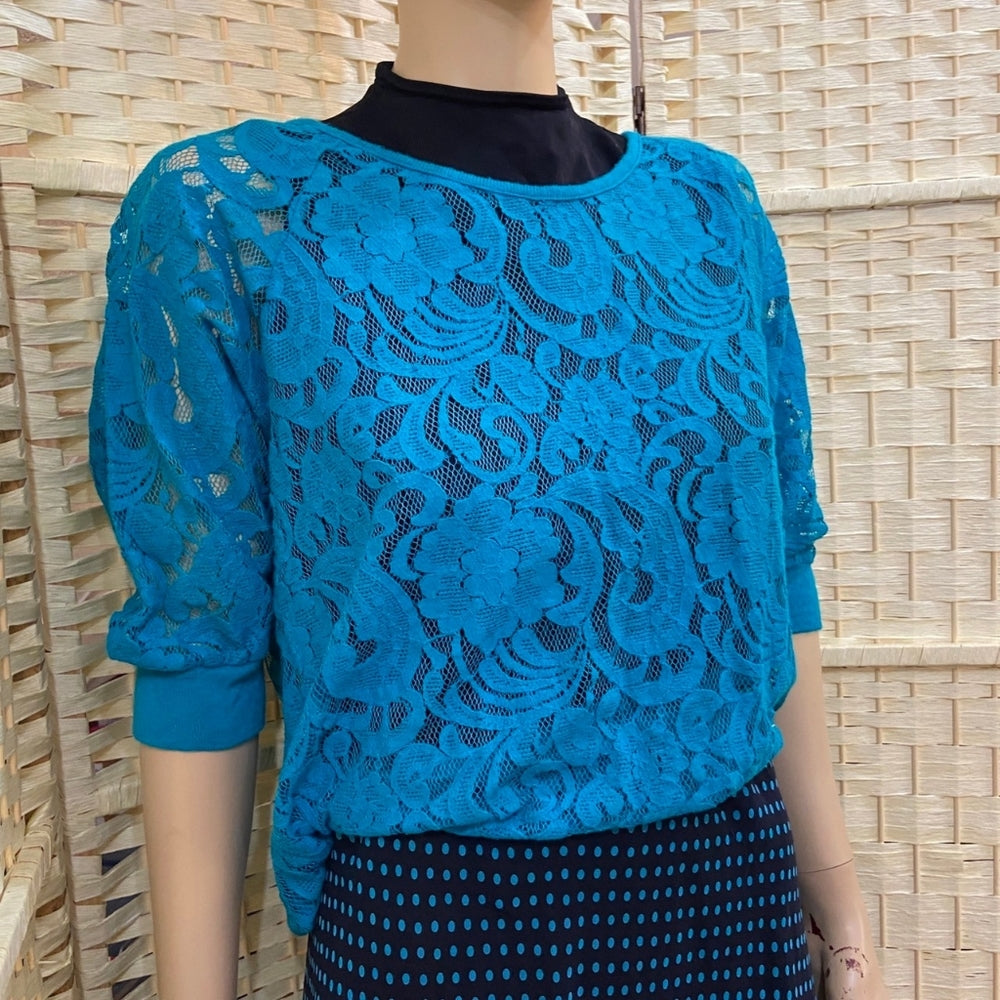 Eyelash Couture, Aqua Blue Lacy See Through Blouse - Size XL