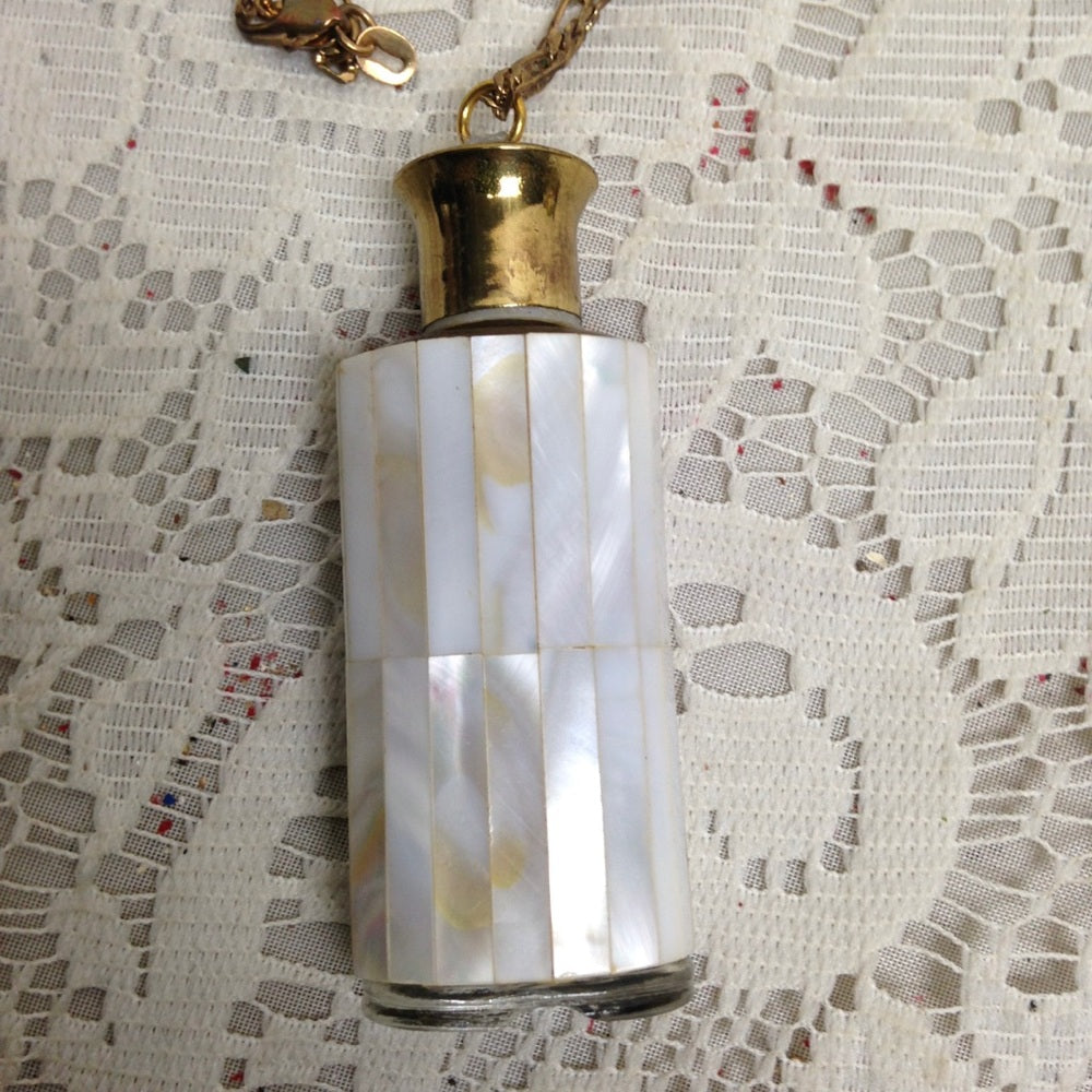 Vintage Mother of Pearl Perfume Bottle -Pendant -20in 18KGF Chain Necklace