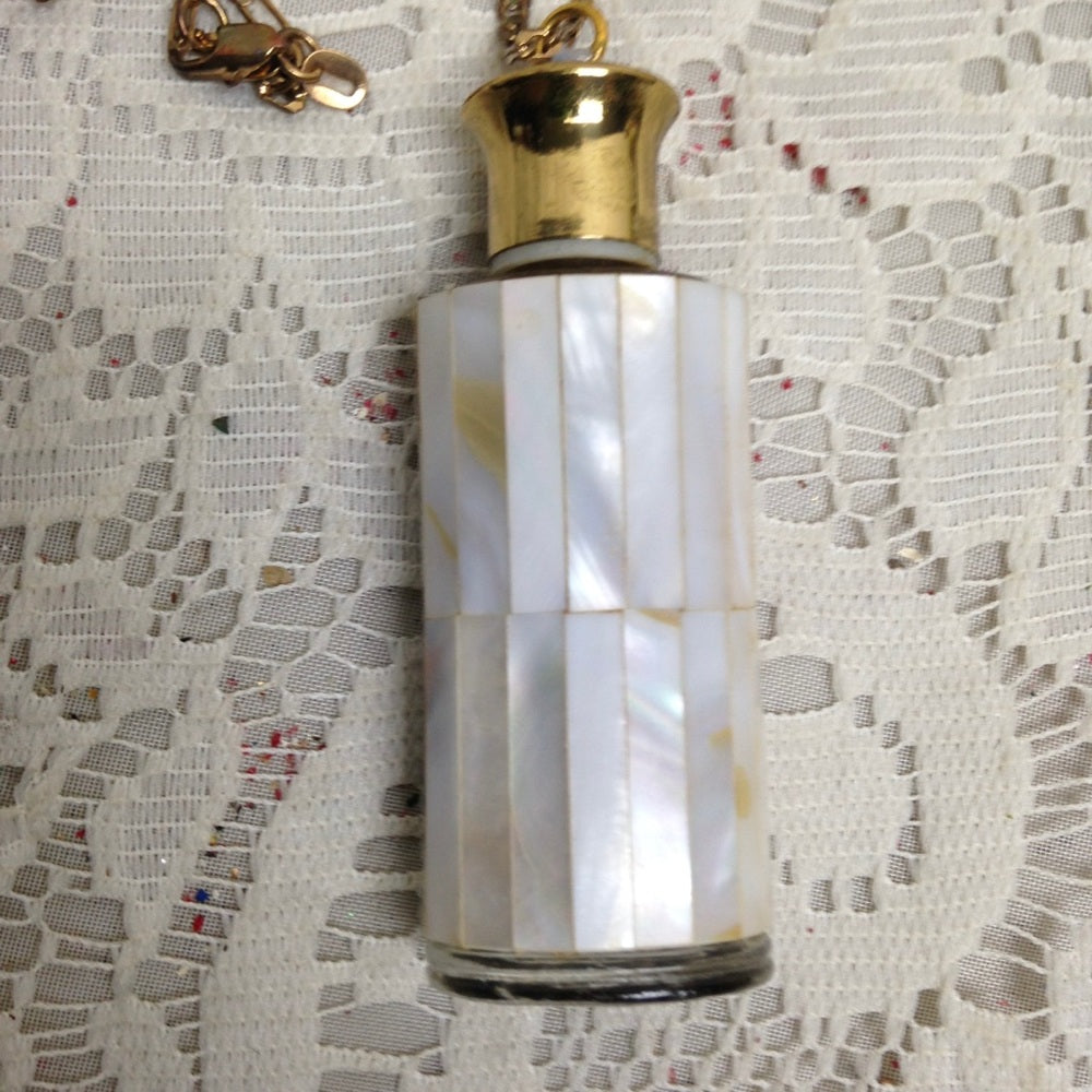 Vintage Mother of Pearl Perfume Bottle -Pendant -20in 18KGF Chain Necklace