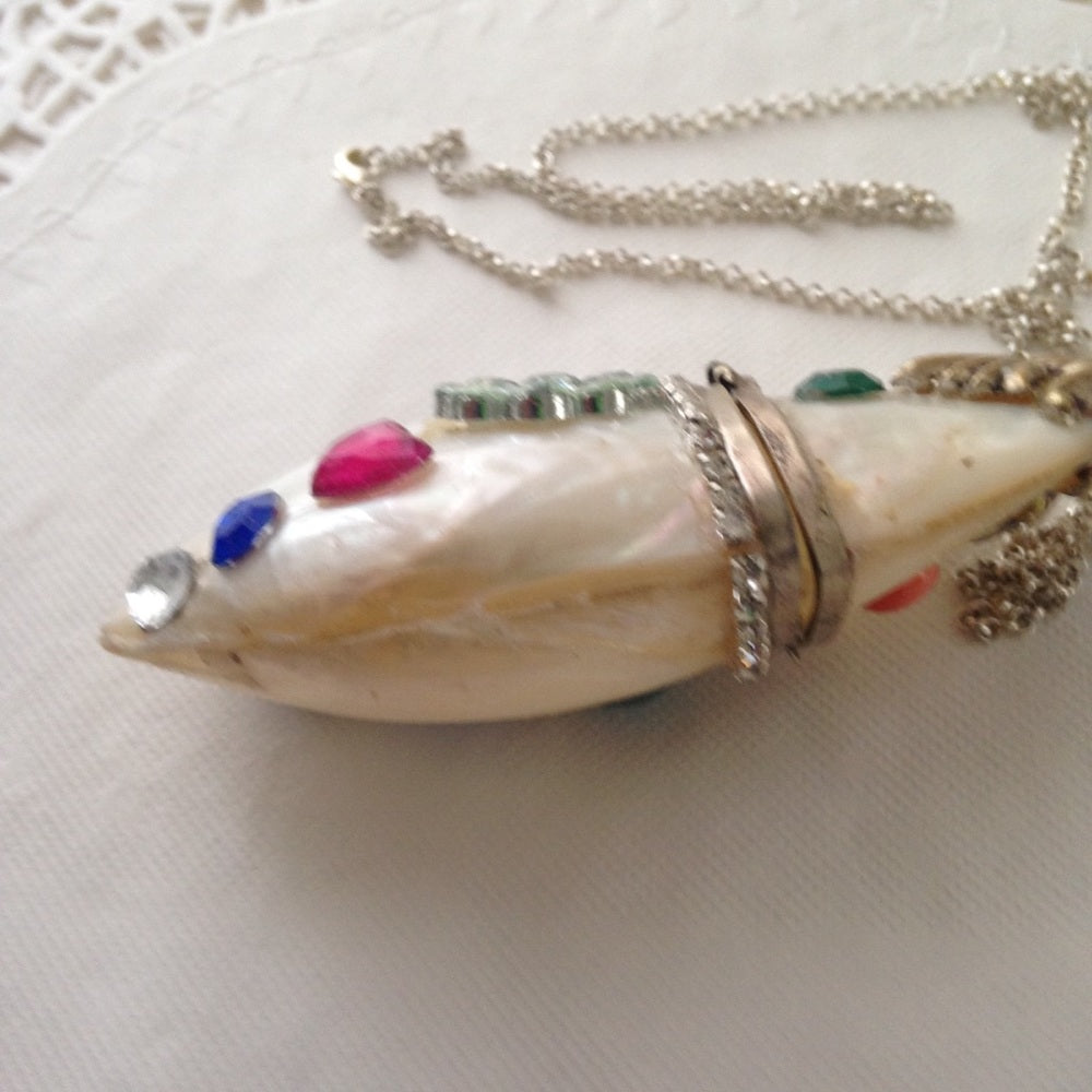 Vintage Mother of Pearl Clam Shell Purse Pendant 925 Silver Chain Necklace