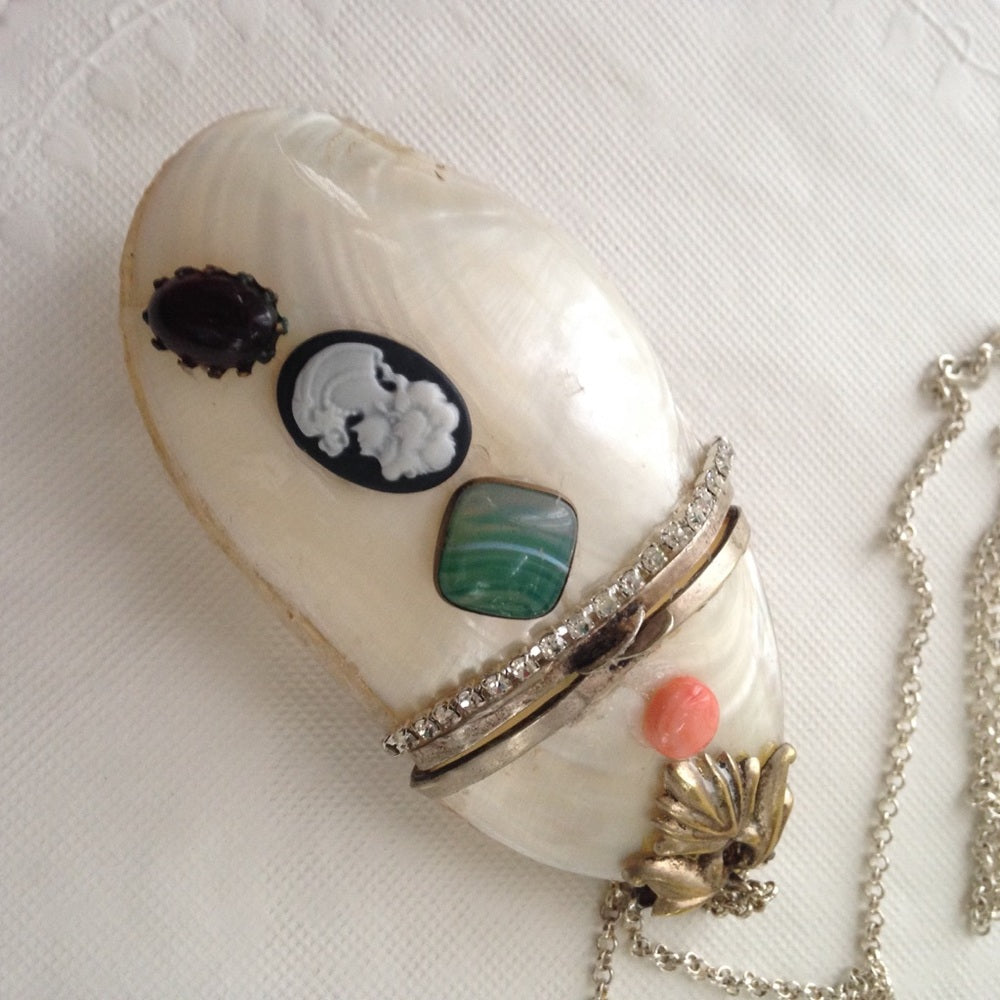 Vintage Mother of Pearl Clam Shell Purse Pendant 925 Silver Chain Necklace