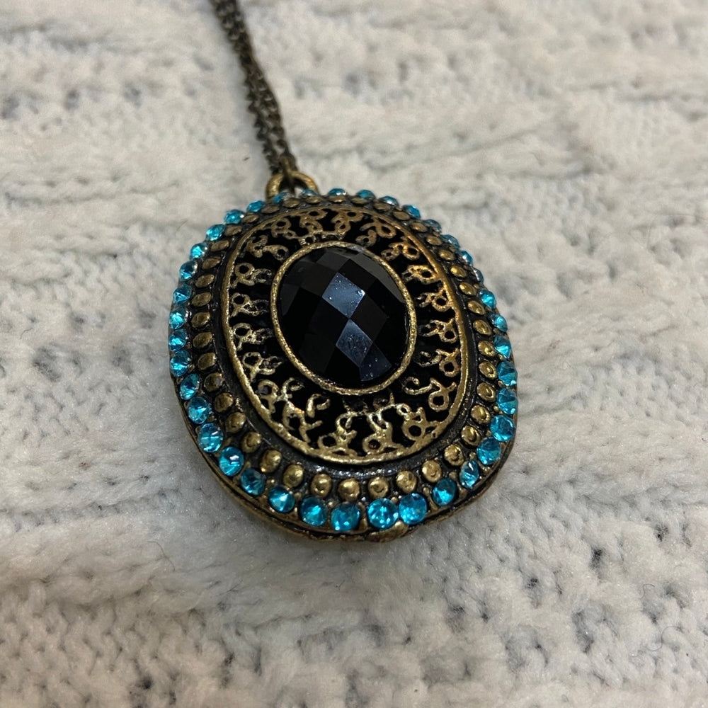 Vintage Faux Locket Aquamarine Rhinestone Necklace